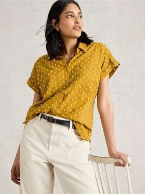 Rachel Zoe 100% Linen Mustard Yellow White Polka Dot Button-Up Shirt Sz L